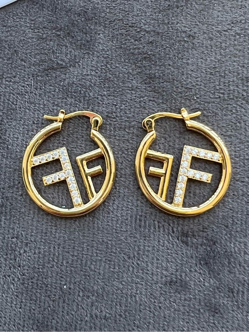 Designer Inspired Gold Tone Crystal FF Hoop Earrings